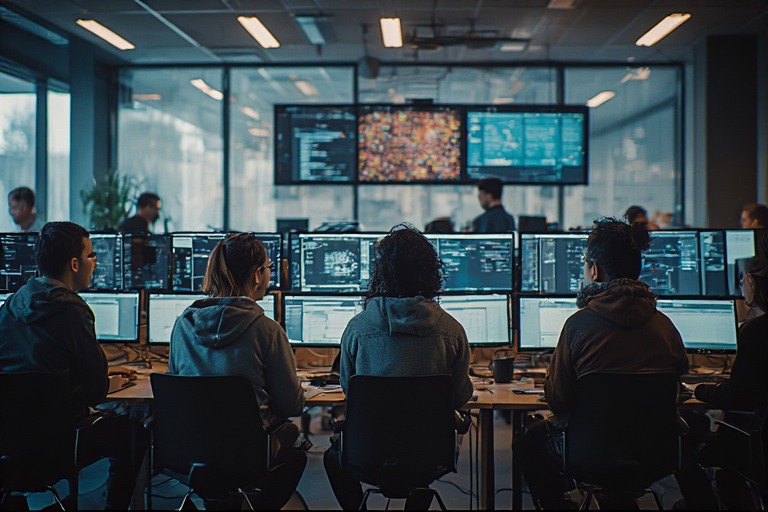 NYU film students collaborating in a modern classroom setting with computer screens displaying AI interfaces