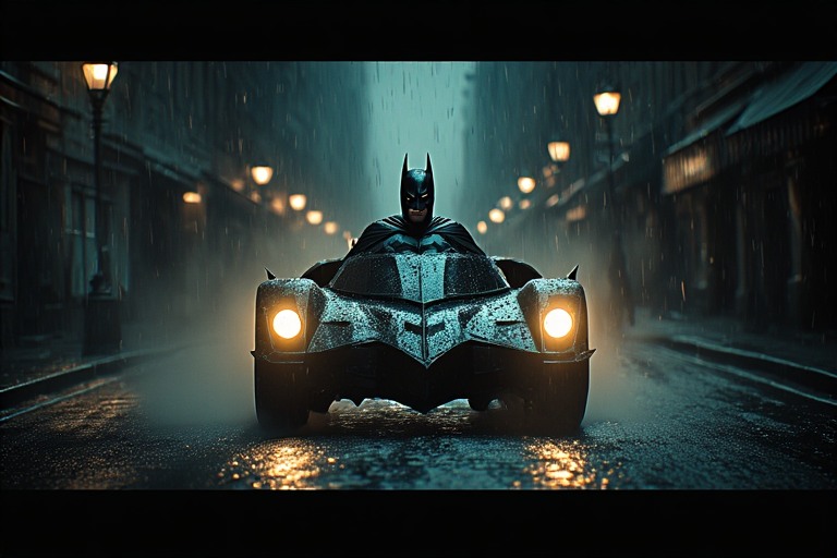 Robert Pattinson as Batman in his Batmobile, illuminated by headlights in a rainy Gotham street