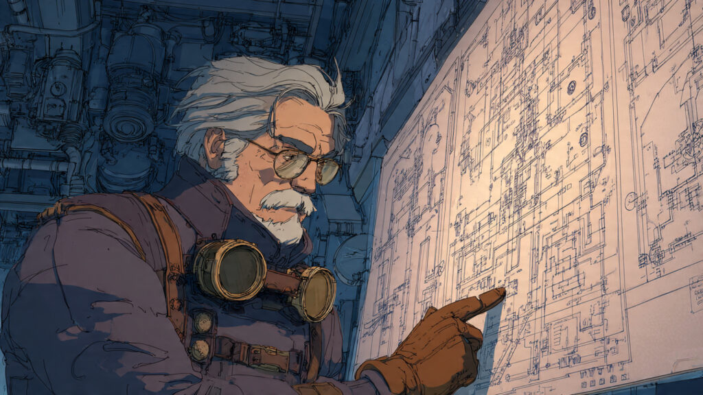 A character looking intensely at a complex schematic or blueprint