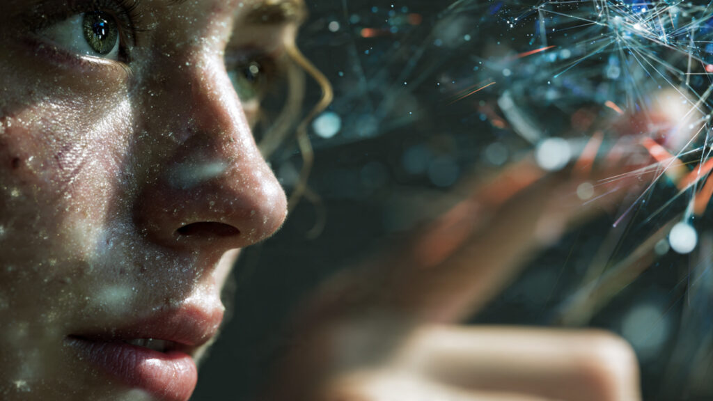 The Best Sci-Fi Movies of 2026: Your Ultimate Streaming Guide 4 A close-up of a character interacting with a holographic interface, representing the theme of artificial intelligence and human connection in sci-fi