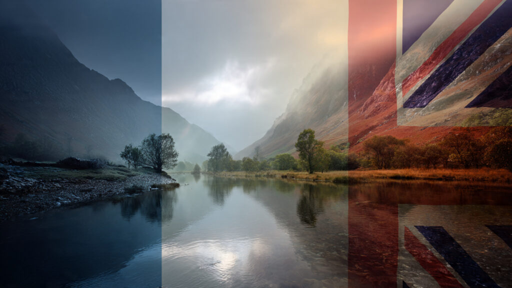 A conceptual image representing duality or cross-cultural elements, perhaps a split image of French and British landscapes