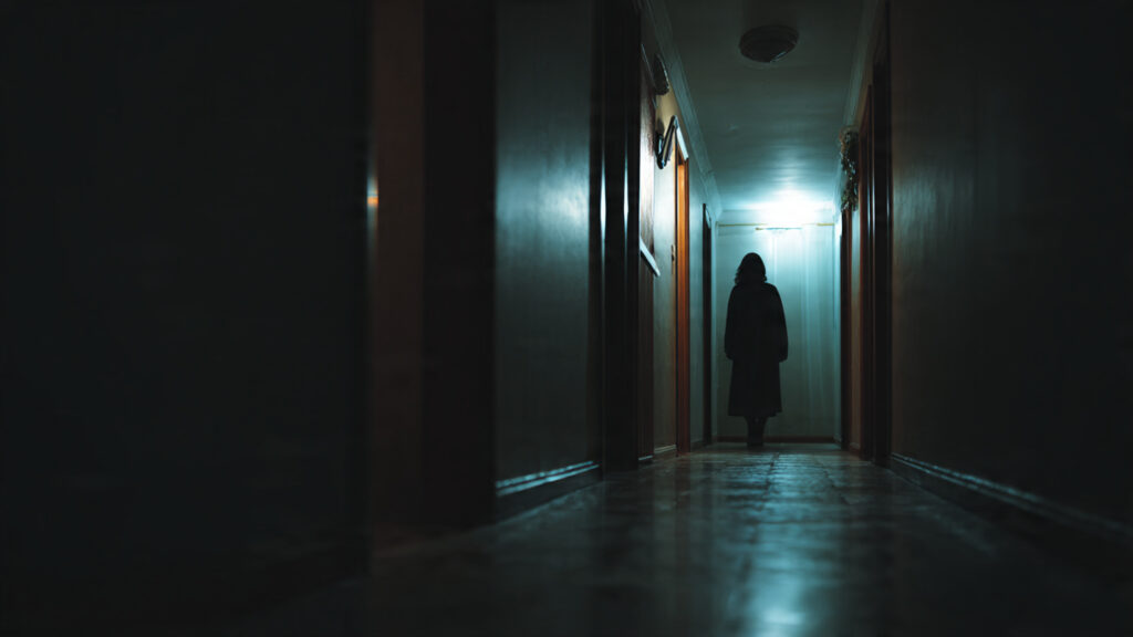 A dark, atmospheric shot of a shadowy figure lurking in a dimly lit hallway, embodying the essence of suspense in a 2026 horror film