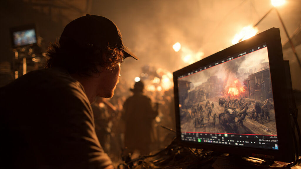A director on set, intensely focused on a monitor displaying a chaotic but meticulously staged war scene