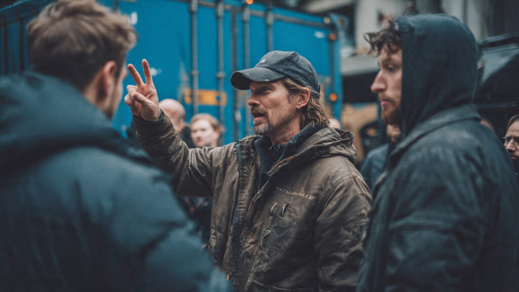 A director on set, passionately discussing a scene with actors in the middle of an action sequence