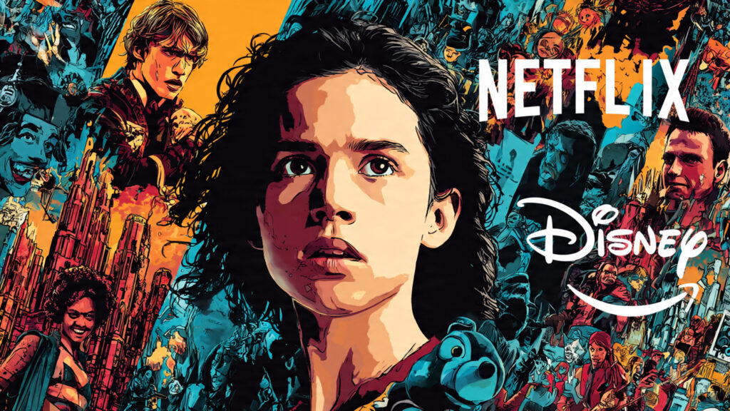 A dynamic collage showcasing the logos of Netflix, Disney+, and Amazon Prime Video, set against a backdrop of popular movie and TV show imagery