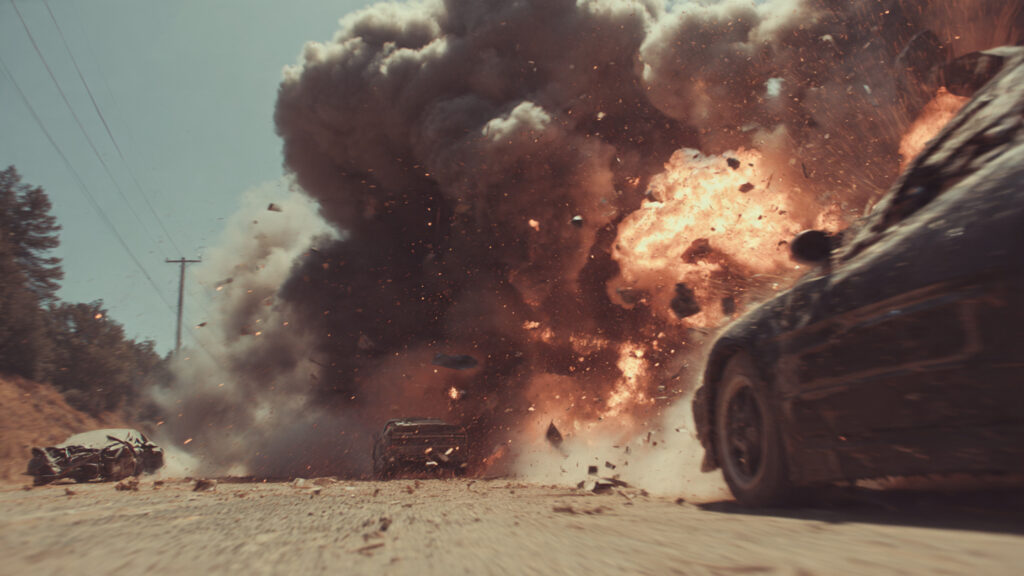 The Art of the Stunt: Why 2026 Action Hero Psychology Cinema is Redefining Heroism 4 A dynamic still from an action movie showcasing a complex, practical car chase sequence with visible real-world destruction.