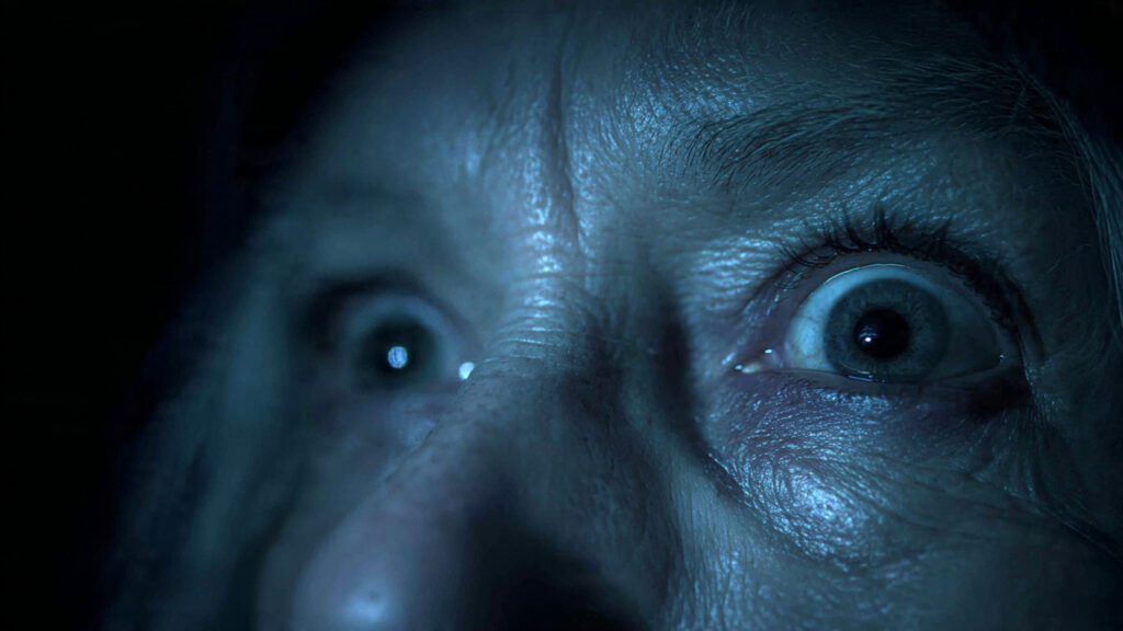 A final, impactful shot from a featured 2026 horror film, such as a close-up of a character’s terrified eyes or a monstrous silhouette against a moonlit sky.