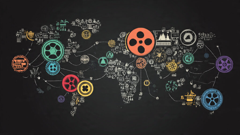 A graphic illustrating the interconnectedness of global film festivals with icons representing different continents and film reels.]
