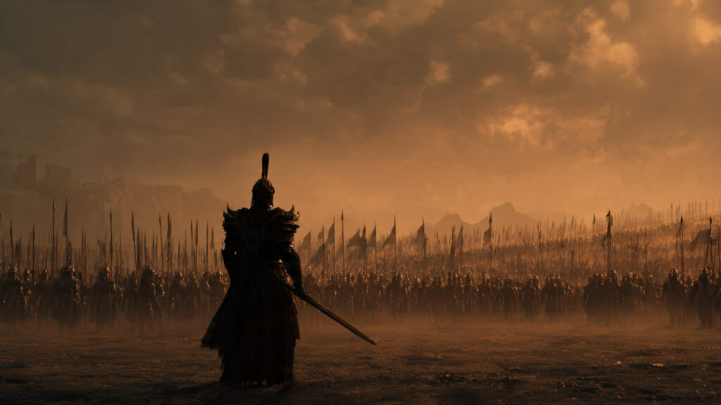 A lone warrior standing defiantly against a vast, ancient army