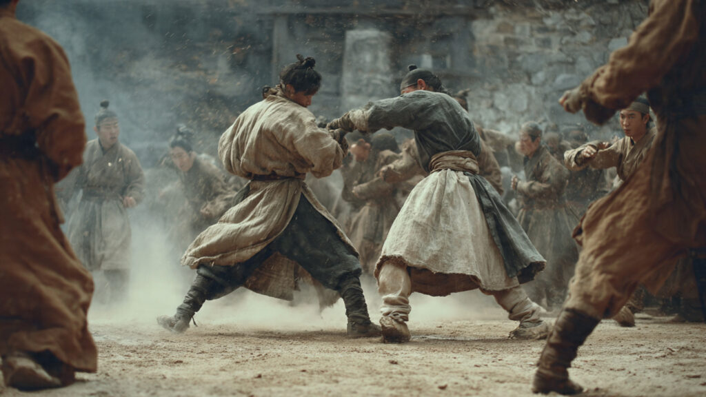 A meticulously choreographed fight scene with a focus on practical effects and dynamic movement