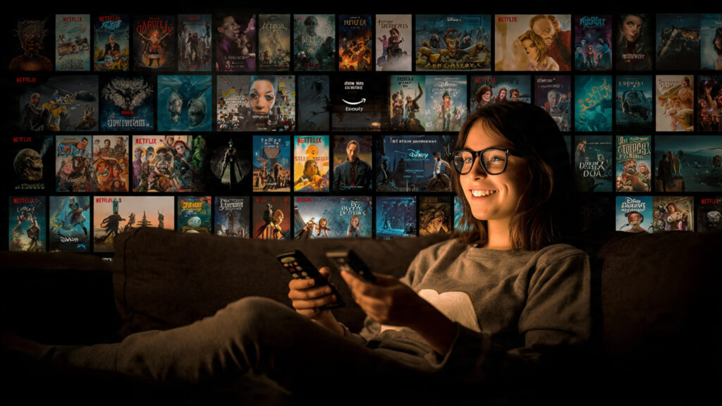 A person relaxing on a sofa, holding a remote and smiling while watching a screen displaying various movie posters from Netflix, Disney+, and Amazon Prime Video