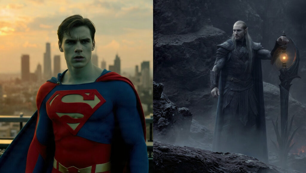 A split image, with the left side showing a still from "The Boys" and the right side showing a still from "The Lord of the Rings: The Rings of Power".