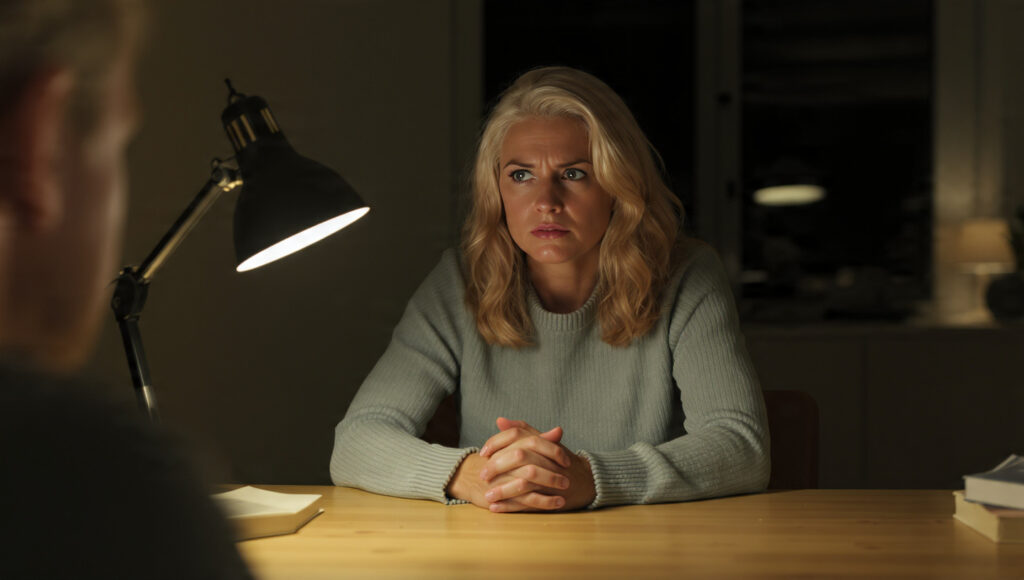 A still from 'Anatomy of a Fall' showing Sandra Hüller in a tense scene