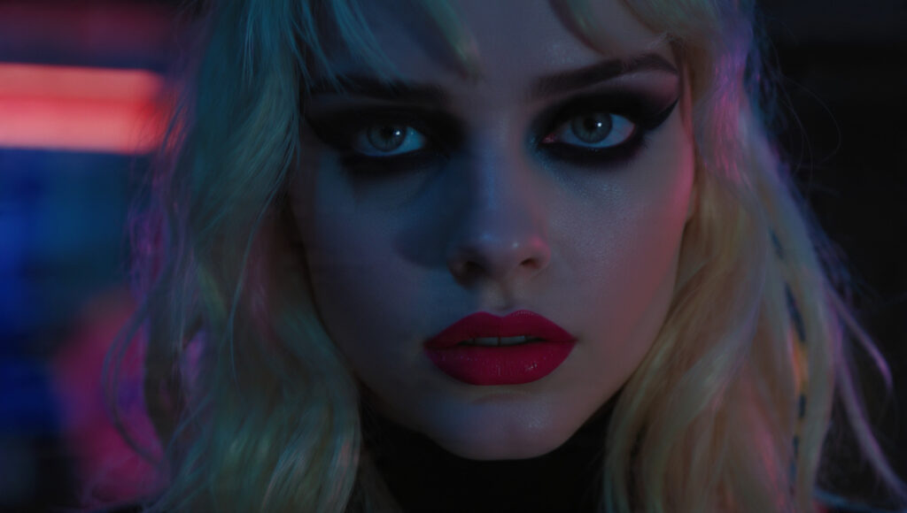 A still from "The Neon Demon," featuring a close-up of Elle Fanning with striking makeup and lighting