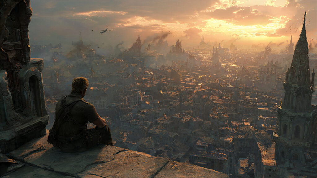 A still showcasing a lone action hero looking pensively over a ruined cityscape, emphasizing a more introspective mood
