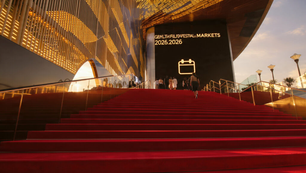 A dynamic collage of iconic film festival imagery, including red carpets, premiere marquees, and bustling industry market scenes.