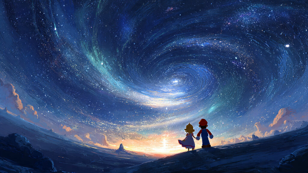 A wide shot of Mario and Rosalina standing on a planetoid, looking out at a swirling galaxy