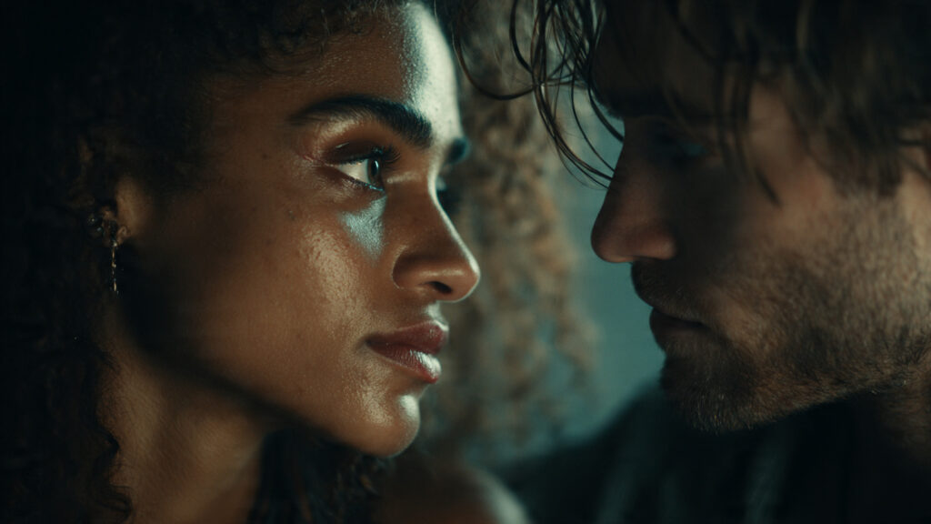 Close-up shot of Zendaya and Robert Pattinson looking intensely at each other