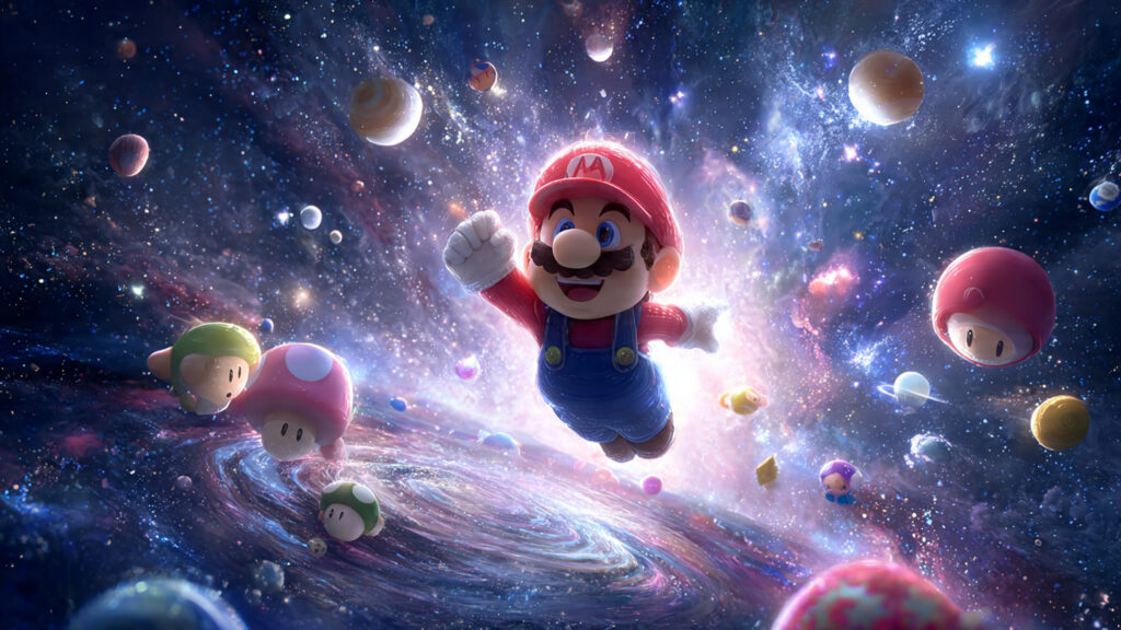 Concept art of Mario soaring through a galaxy, surrounded by Lumas and celestial bodies