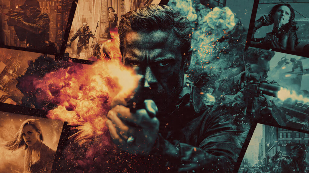 A dynamic collage of explosive scenes from upcoming 2026 action films