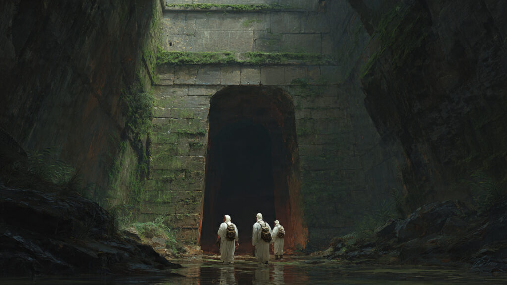 A team of explorers cautiously entering a dark, ancient ruin