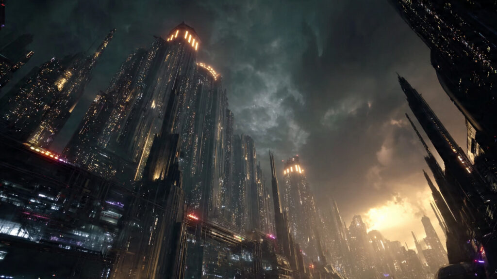 A futuristic cityscape rendered with high-detail CGI, hinting at a Sci-Fi epic