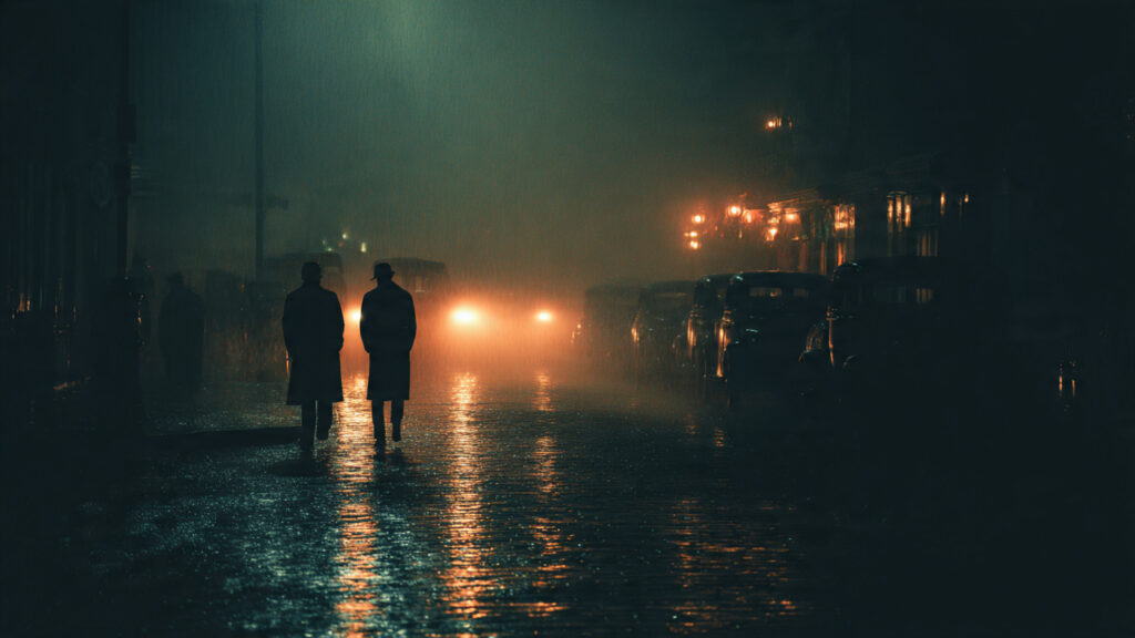 David Fincher's Dark Vision: Why His Thriller Seven Stands the Test of Time 2 dark, rain-slicked street at night with two figures in silhouette, evoking the mood of Seven