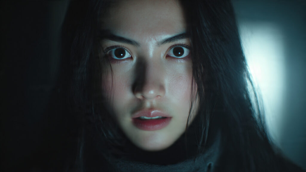 Davika Hoorne looking directly at the camera with a hint of fear