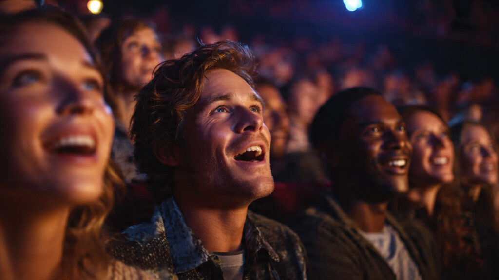 Diverse group of individuals watching an action movie on a large screen, their faces illuminated with excitement