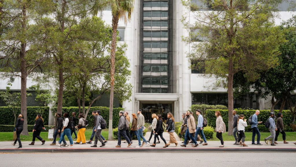 Hollywood Shake-Up: Sony Pictures and Paramount Announce Major Layoffs Amid Industry Uncertainty 2 Employees leaving a Sony Pictures building