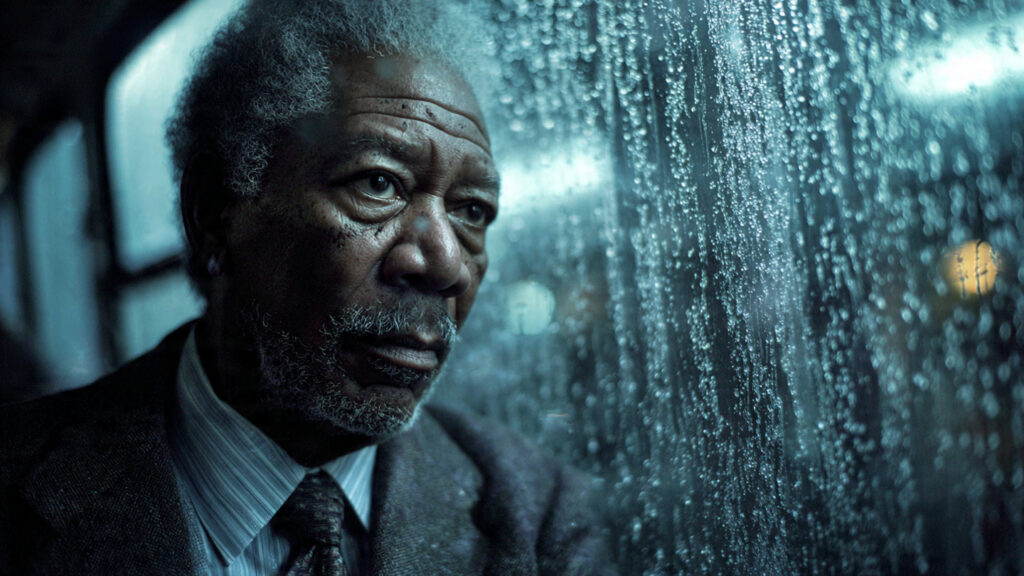 David Fincher's Dark Vision: Why His Thriller Seven Stands the Test of Time 4 Here : Morgan Freeman as Detective Somerset looking contemplative, the grim city visible through a rain-streaked window behind him.