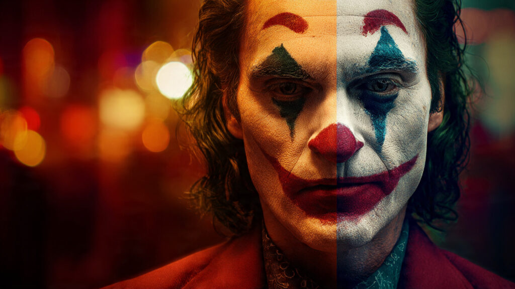 The Power of Mind: A Deep Psychological Movie Analysis of Joker 2 Arthur Fleck (Joaquin Phoenix) in a striking pose, his face painted as the Joker, with the gritty backdrop of Gotham City.