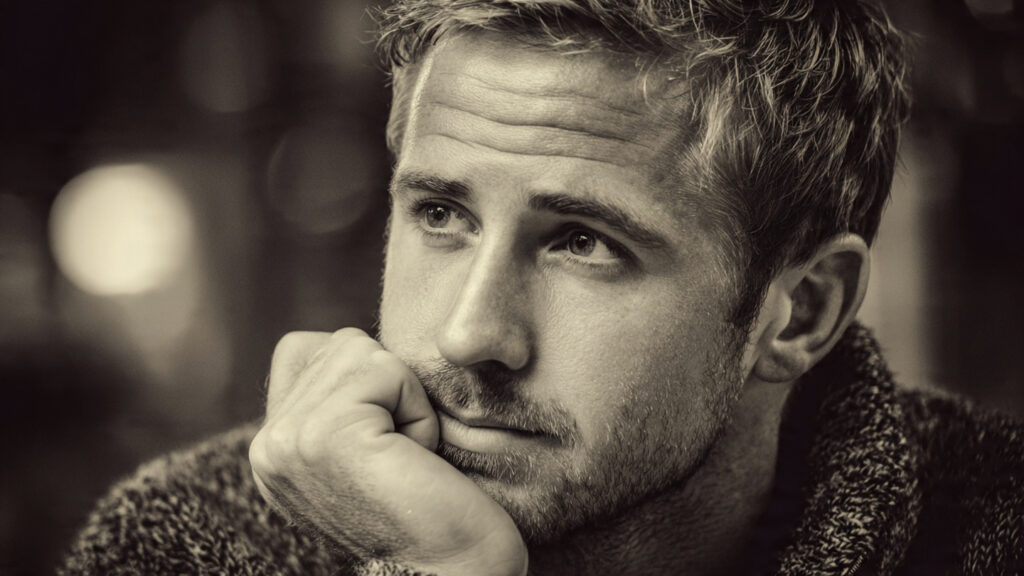 Ryan Gosling in a thoughtful pose