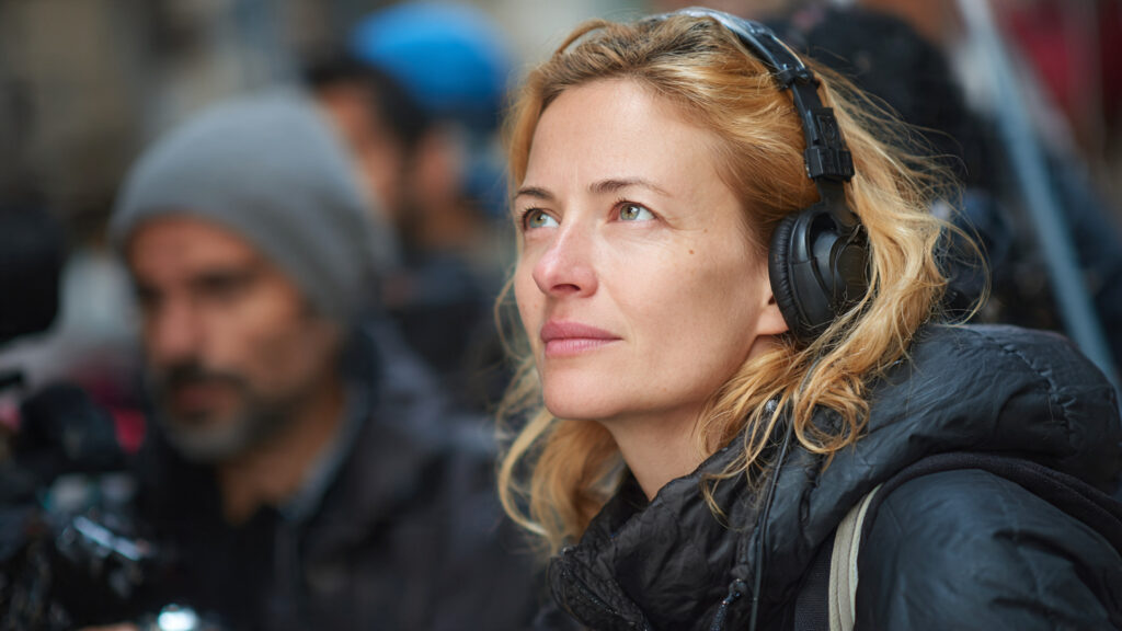 Justine Triet on a film set, looking focused