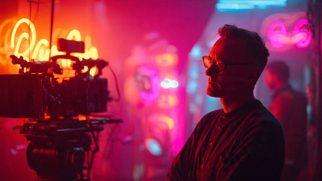 Nicolas Winding Refn on a film set, bathed in neon light