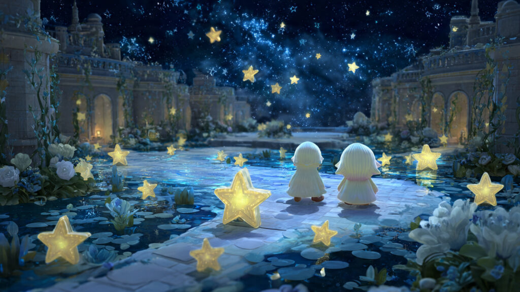 Rosalina and the Lumas in a serene, star-filled environment