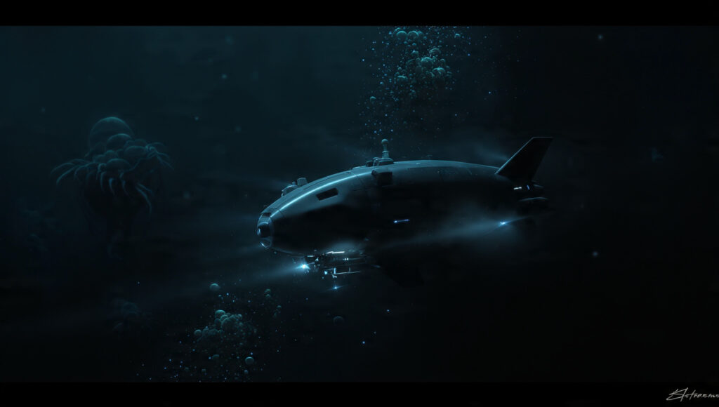 Underwater scene from 'Echoes of the Abyss,' showing a dimly lit submersible surrounded by eerie, bioluminescent creatures and a vast, dark abyss.