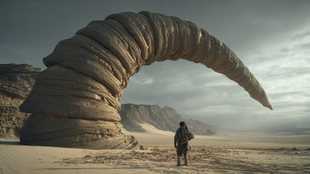 Wide shot of a sandworm in Dune: Part Two