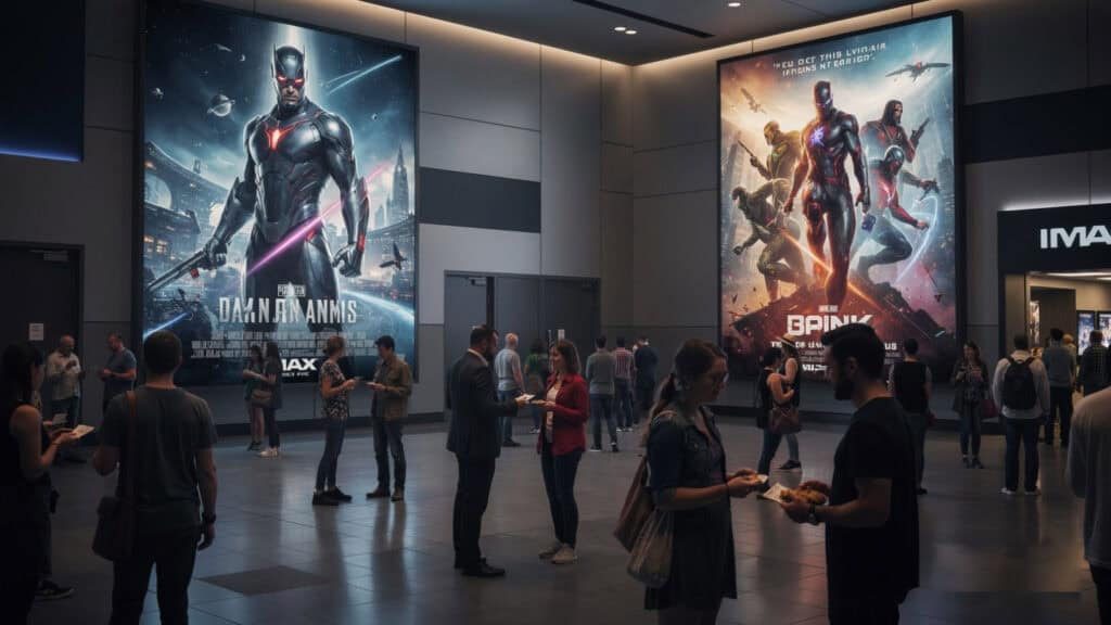 A crowded modern IMAX theater lobby with digital posters of Dune Messiah and Avengers Doomsday