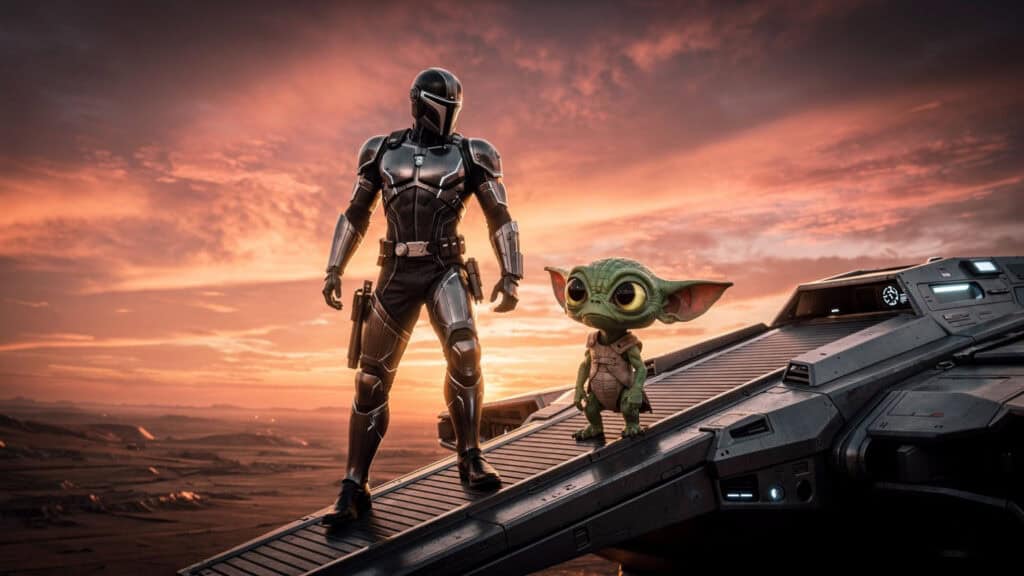 A cinematic wide shot of the Mandalorian and Grogu standing on the ramp of the Razor Crest facing a sunset 16:9