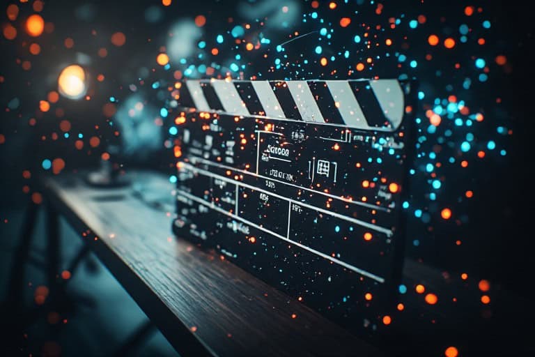 NYU Film Students Will Now Be Given Tools to Make Movies With AI 4 A director's clapperboard with a holographic AI interface overlay, symbolizing the fusion of traditional filmmaking and generative technology