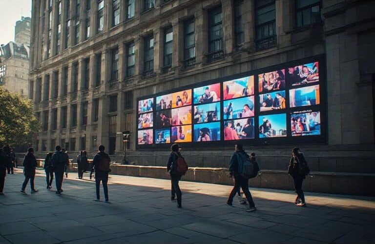 NYU Film Students Will Now Be Given Tools to Make Movies With AI 2 NYU Tisch School of the Arts building exterior with students walking past a digital billboard displaying AI-generated film frames