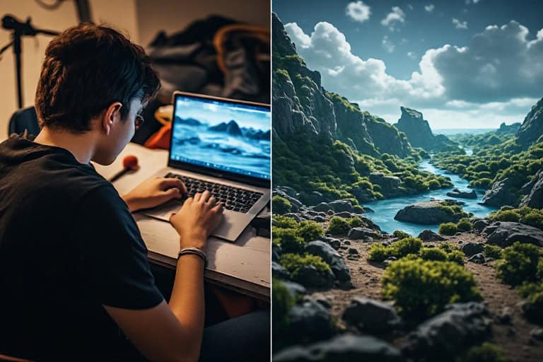 NYU Film Students Will Now Be Given Tools to Make Movies With AI 3 Split-screen image showing a film student typing on a laptop on the left and an AI-generated cinematic landscape on the right